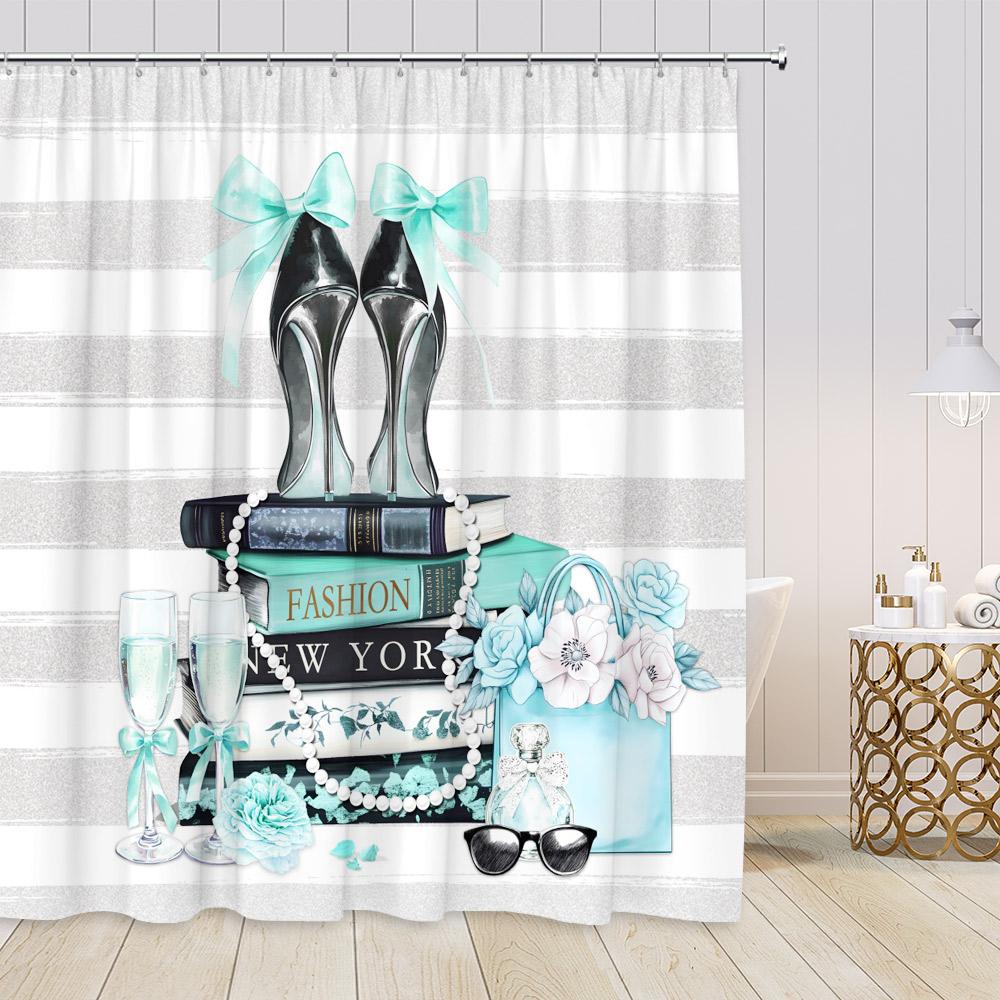 Pink Perfume Shower Curtains Cosmetics High Heels Flowers Black White Stripes Bathroom Decor Girl Fashion Vintage Bath Curtain