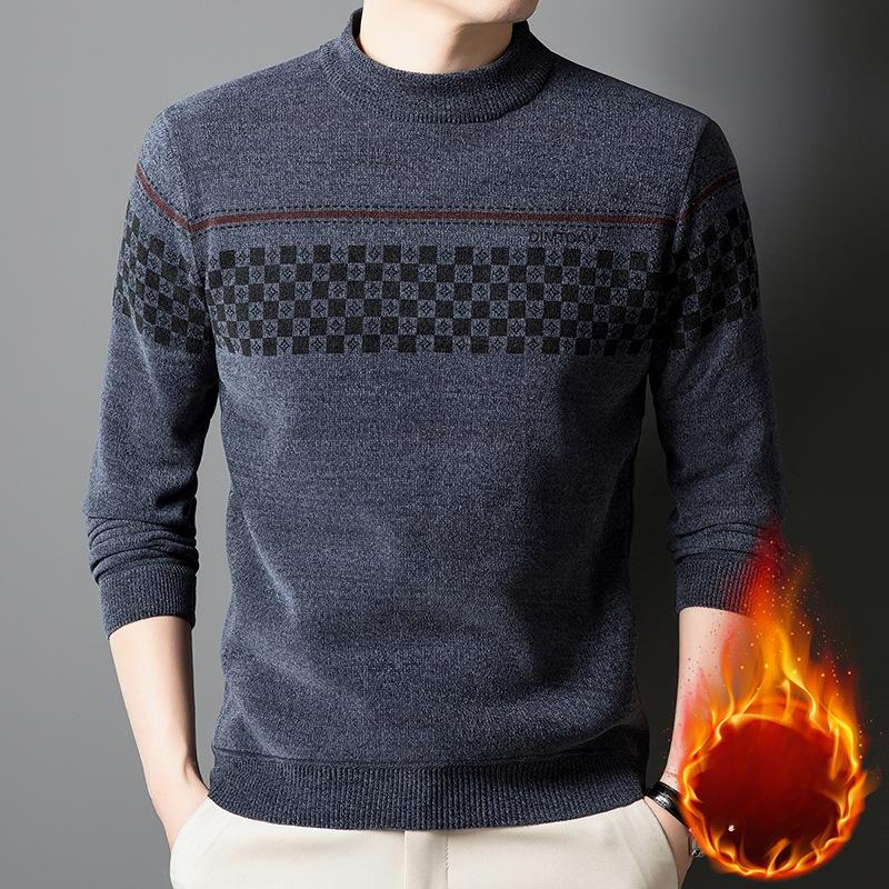 Men's Cozy Fleece-Lined Striped Sweater - Casual Round Neck Knit Pullover for Fall/Winter, Warm & Stylish