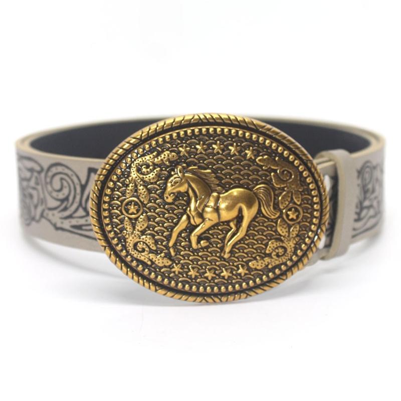 Floral Engraved PU Belt for Jeans Women Vintage Horse Pattern Buckle Waist Belt