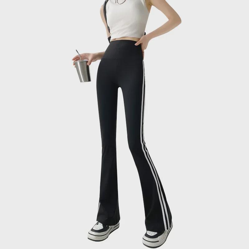 Women's Black High-Waist Flared Stripe Pants - Loose Fit, Bell-Bottom Style with Pockets for Spring and Autumn