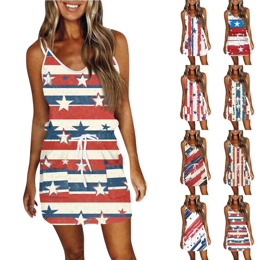 Women's Fashion Summer Independence Day Printed Loose Sleeveless  Pocket V-Neck Dress