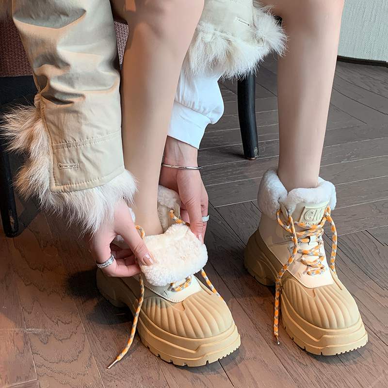 Krazing Pot Cow Leather Wool Blend Winter Round Toe Platform Snow Boots Lace Up Design Women Keep Warm Ankle Boots