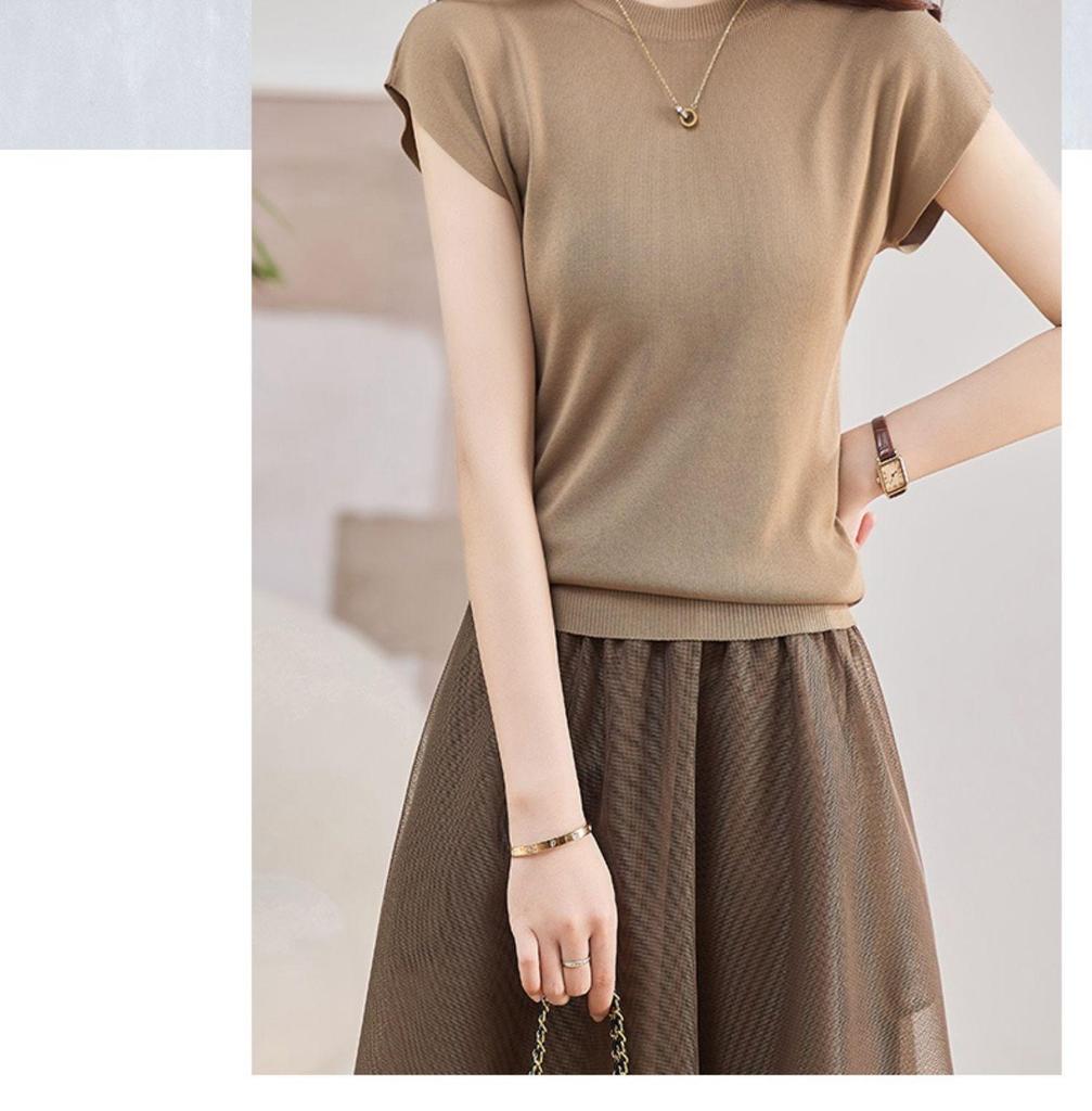 2024 Summer Women's Slim Organza Dress: Ice Silk Knit Waist Two-Piece Set