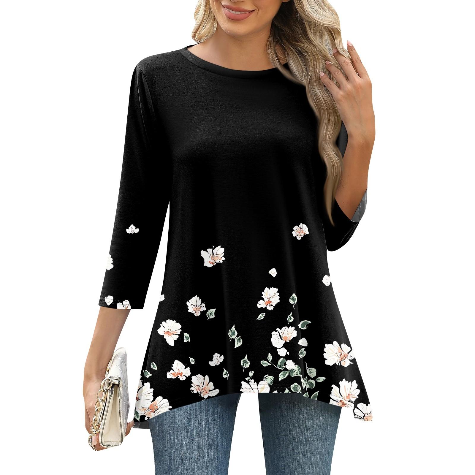 

3/4 рукав туника топы для женщин принтованный повседневный выходной свободный крой модная базовая футболка с круглым вырезом L чёрный
