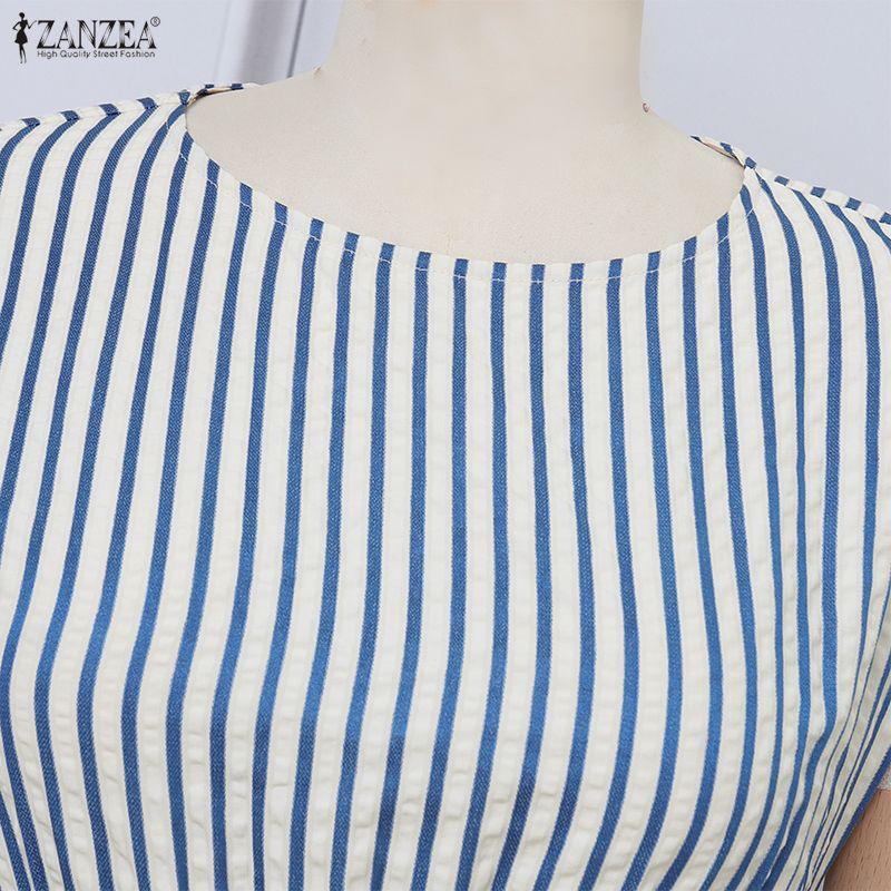 ZANZEA Rochie de vară casual pentru femei, cu gât rotund, mânecă scurtă și dungi