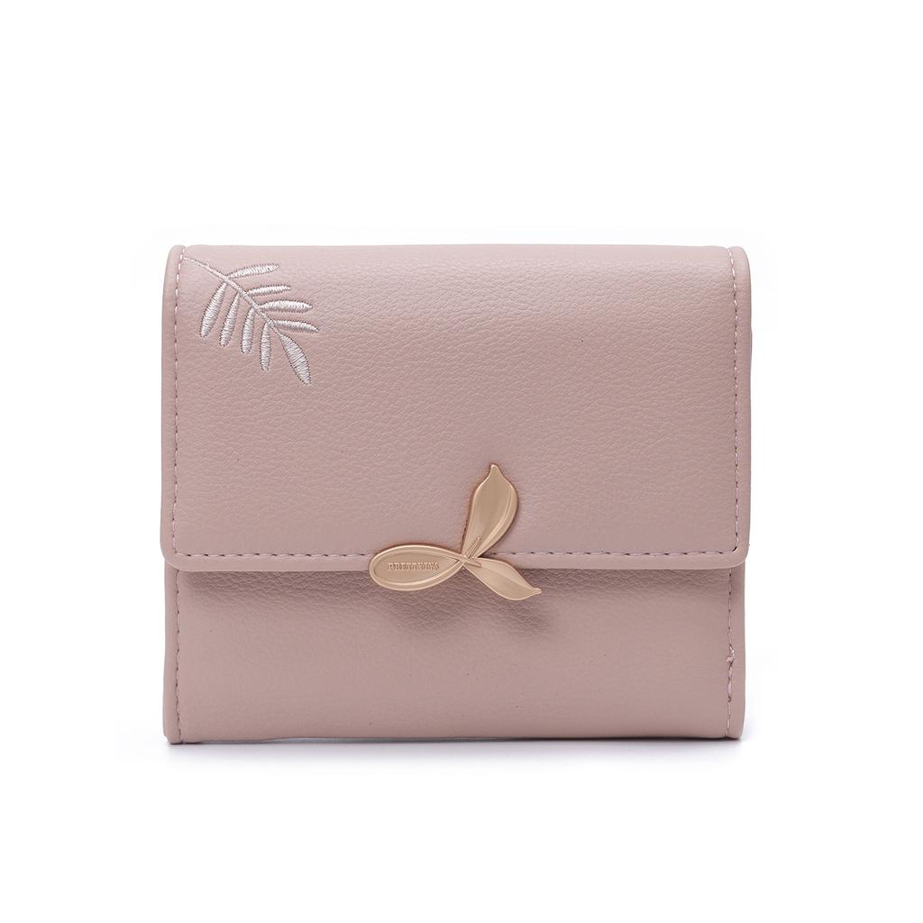 Ladies' Short Leaf Wallet, Embroidered Flower Wallet, Zipper Coin Student Multi functional Change Card Bag