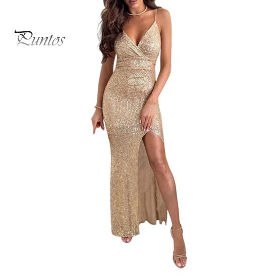 

Женское платье-комбинация с V-образным вырезом, бретельками-спагетти, открытой спиной, застежкой-молнией, разрезом по бокам, пайетками, высокой талией, платье макси для свадьбы, дня рождения, вечеринки M золотистый