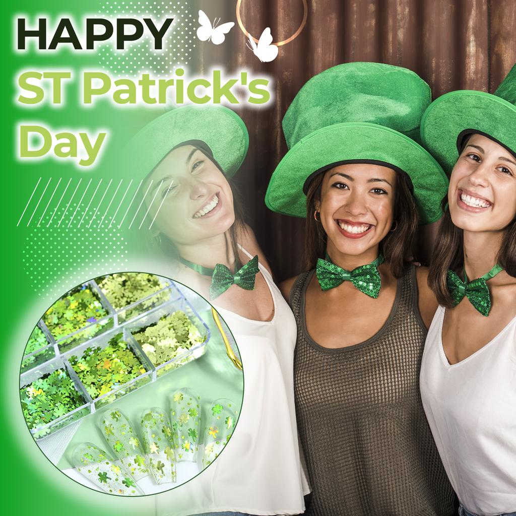 6-Grid Box Pack Green Glitter Nail Art Sequins for St Patrick's Day with Clover Design