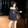 Women's Sexy Off-the-Shoulder Knit Bodycon Mini Dress - Autumn Long-Sleeved Slim Fit with Cinched Waist