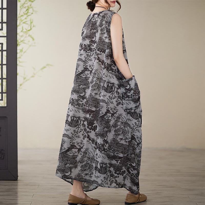 Dimanaf 2025 Nouă Vară Femei Mărimi Mari Rochie Largă Vintage Fără Mâneci Rochie de Soare Basic cu Imprimeu Rochie Lungă Casual Maxi