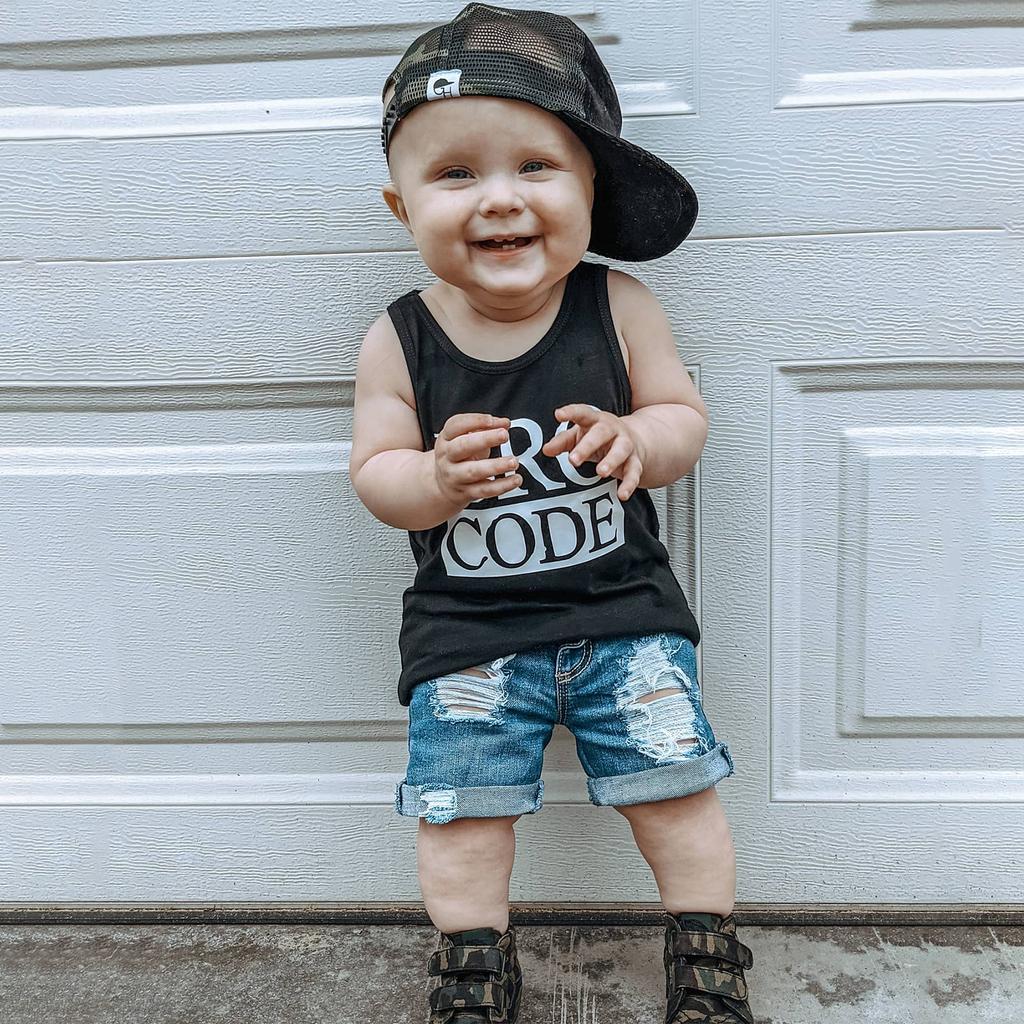 Baby Toddler Boys Summer Outfit Set Round Neck Sleeveless Letter Print Tank Tops with Ripped Denim Shorts