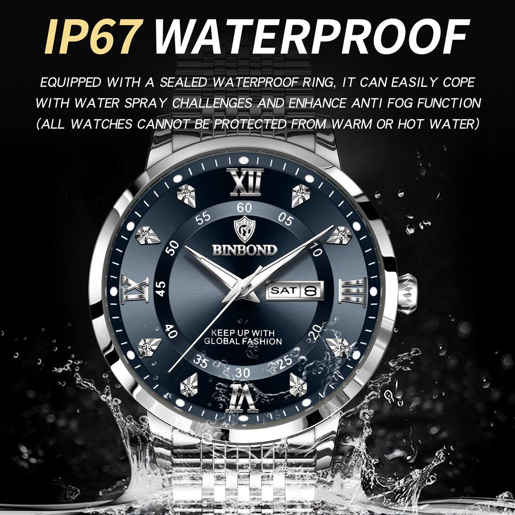 BINBOND Precise Luxury Quartz Wristwatches For Men Luminous Waterproof Week Display Men's Watch Stainless Steel Reloj Free Ship