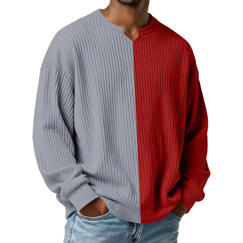 Herrars Färgblockerad Stilfull V-ringad Ribbad Texturerad Långärmad T-shirt