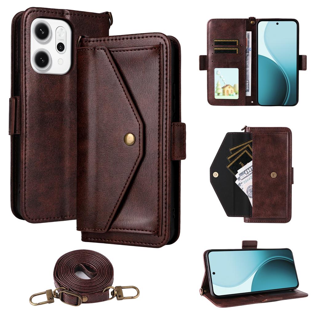 For Oppo Reno14 Pro 5G (Global) Leather Case Magnetic Closure Wallet Stand Phone Cover with Crossbody Strap