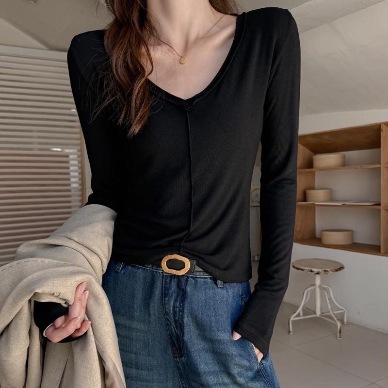 Premium Rolled-Edge V-Neck Slimming Long Sleeve Top for Women - Autumn/Winter