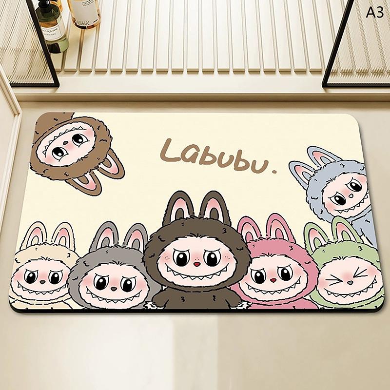Alfombra de baño con estampado de Labubu de dibujos animados, felpudo antideslizante, alfombrilla de secado de cocina para dormitorio, alfombrilla de drenaje, alfombra de entrada, alfombra de dibujos animados para el hogar