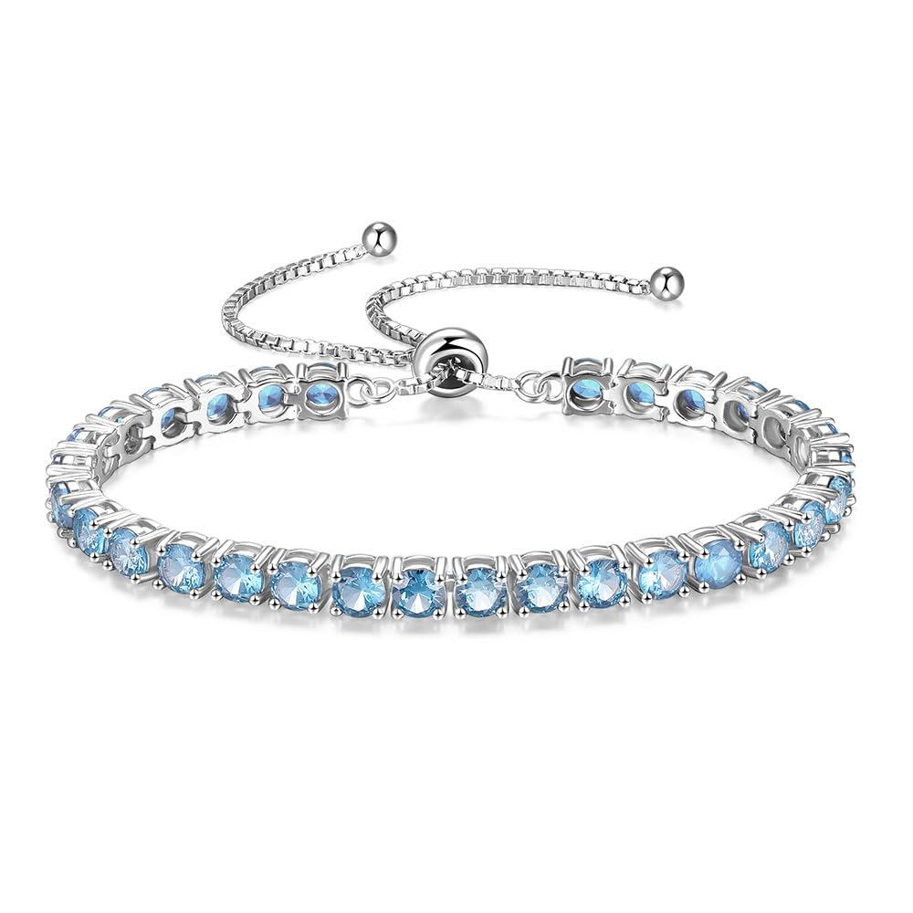 FANCIME Bracelet for Men and March 30 Aquamarine 4mm Tennis BOLO Silver Adjustable Sliding Perfect As a Good Luck Anniversary Gift Wrapping Included