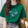 Women's short sleeved trendy T-shirt with bow print, women's loose round neck top