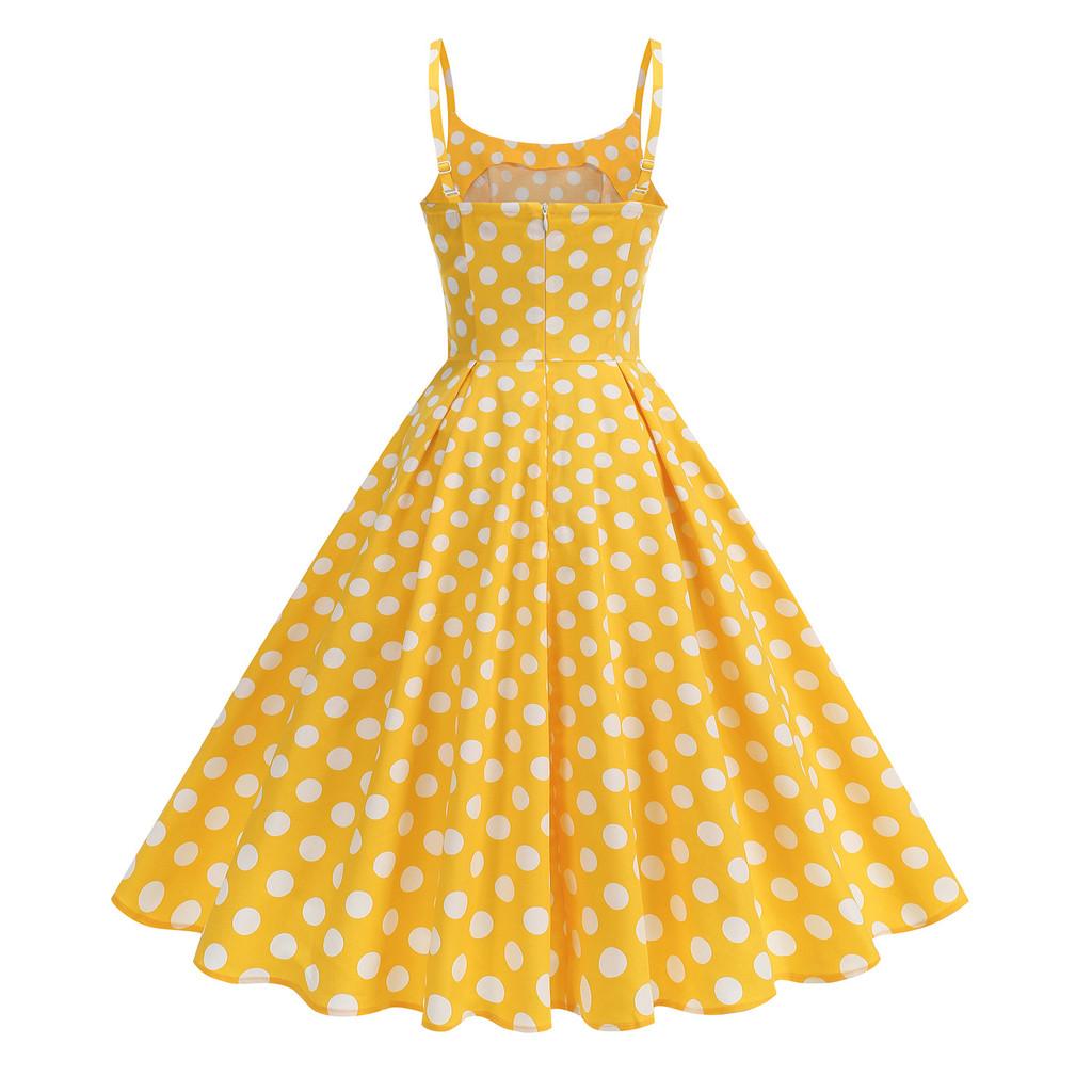Hebe Style Vintage Dot Print Sleeveless Midi Dress For Casual Travel