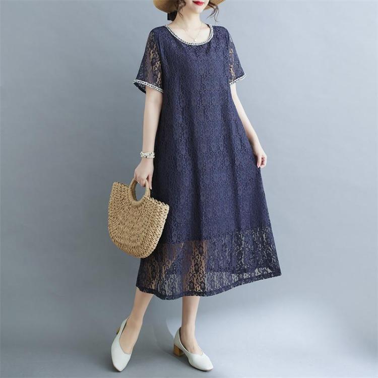 New Summer Loose Long Dress Vintage Floral Lace Casual Basic Dress for Women Plus Size