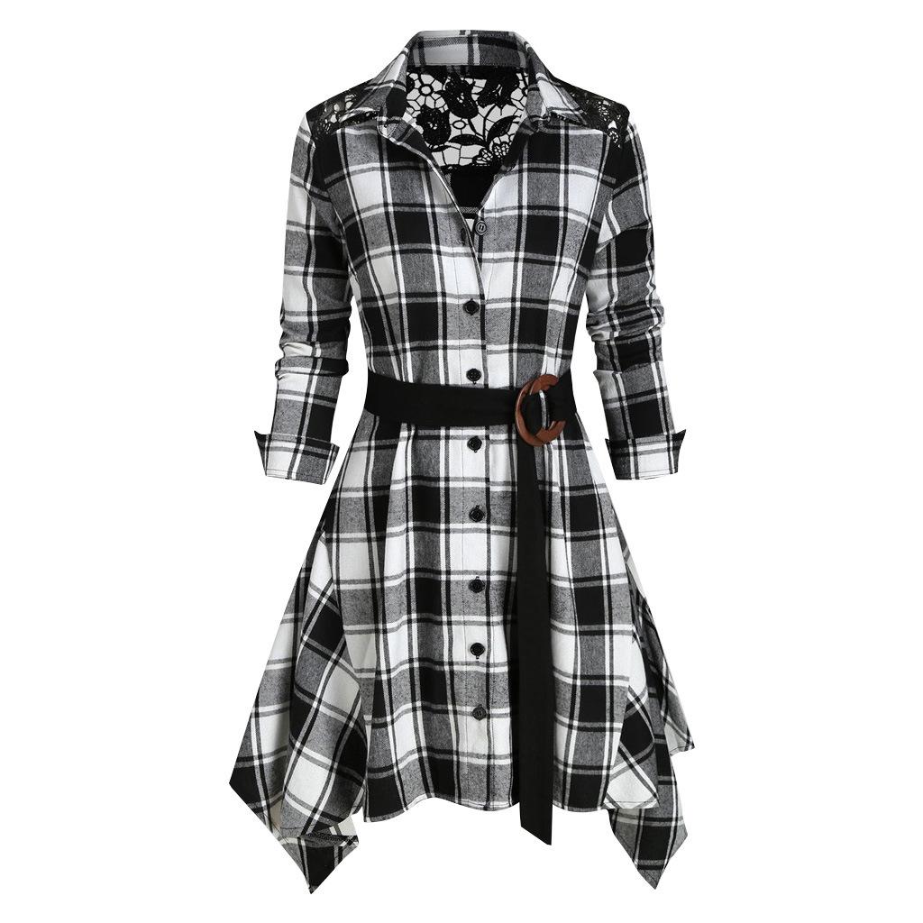 Abito midi da donna in pizzo a quadri con cintura, elegante e aderente, perfetto per feste e occasioni quotidiane.