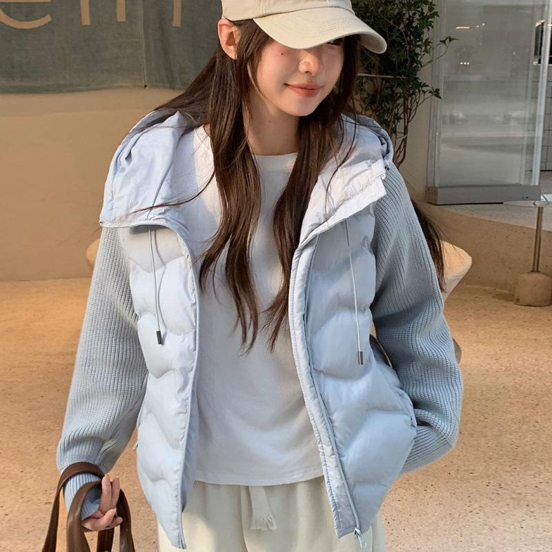 Winter New Cotton-padded Women's Short Short Small Knitted Splicing Cotton-padded Jacket Light and Warm Fake Two-piece Cotton-padded Women