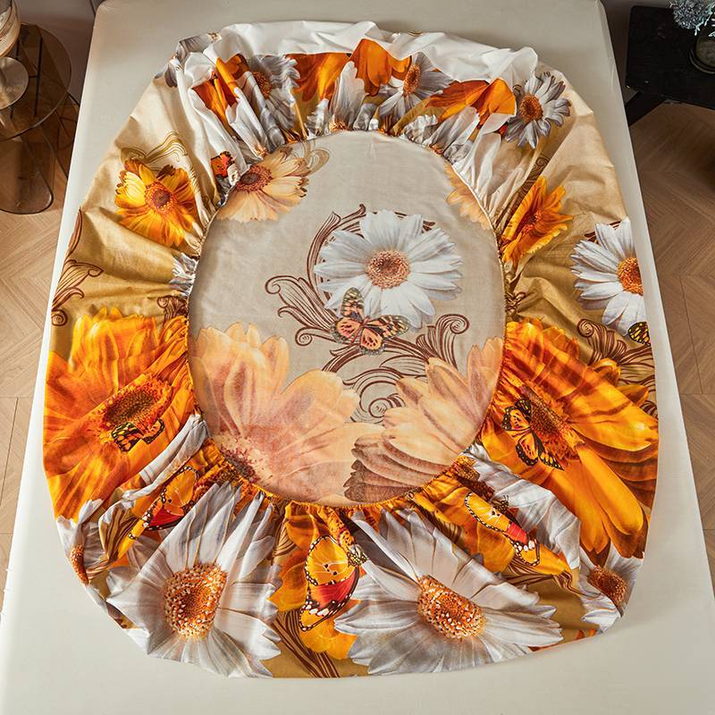 3pcs Golden Sunflower + Butterfly Print Fitted Sheet Set Perfect Fit for Bedroom or Guest Room Use, Bedspread Cover, Mattress Protector, Bedding Set