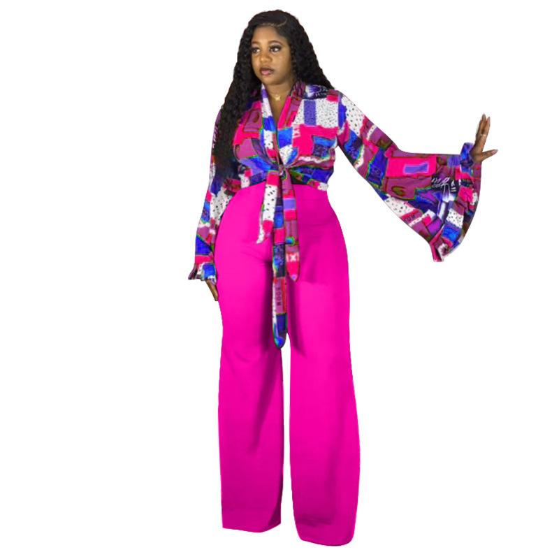 Women Plus Size Western Style Two Piece Set Flared Sleeve Top Wide Leg Pants Print