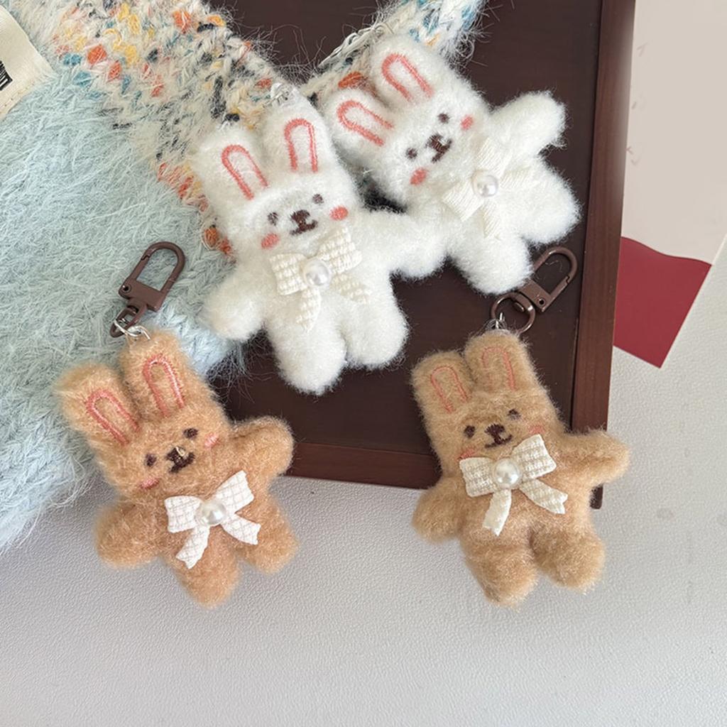Cute Plush Rabbit Keychain With Pearl Bowknot For Girls And Women Soft Fluffy Charm Keyrings Pendant Accessory