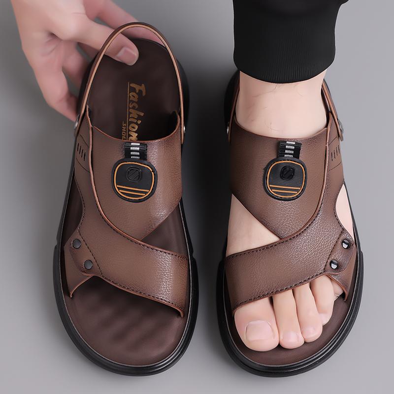 Sandals Men's New Beach Shoes Cowhide Slippers Outdoor Non-slip Thick-soled Leather Sandals for Man Non-slip Cover Toe Fashion C