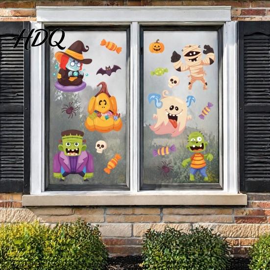 Reusable Static Cling Ornaments Halloween Window Clings Cartoon Ghost Pumpkin Witch Monsters Decals Waterproof Seasonal Glass Surface Adhesives