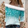 Women's Off Shoulder Furry Trim Long Sleeve T-Shirt Christmas Glitter Star 3D Print Elegant Winter Casual Top