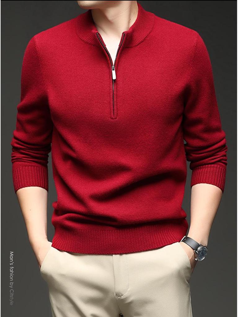 Herren Kaschmir Pullover mit halbem Reißverschluss, dicke Wolle, Langarm, Winter Baselayer
