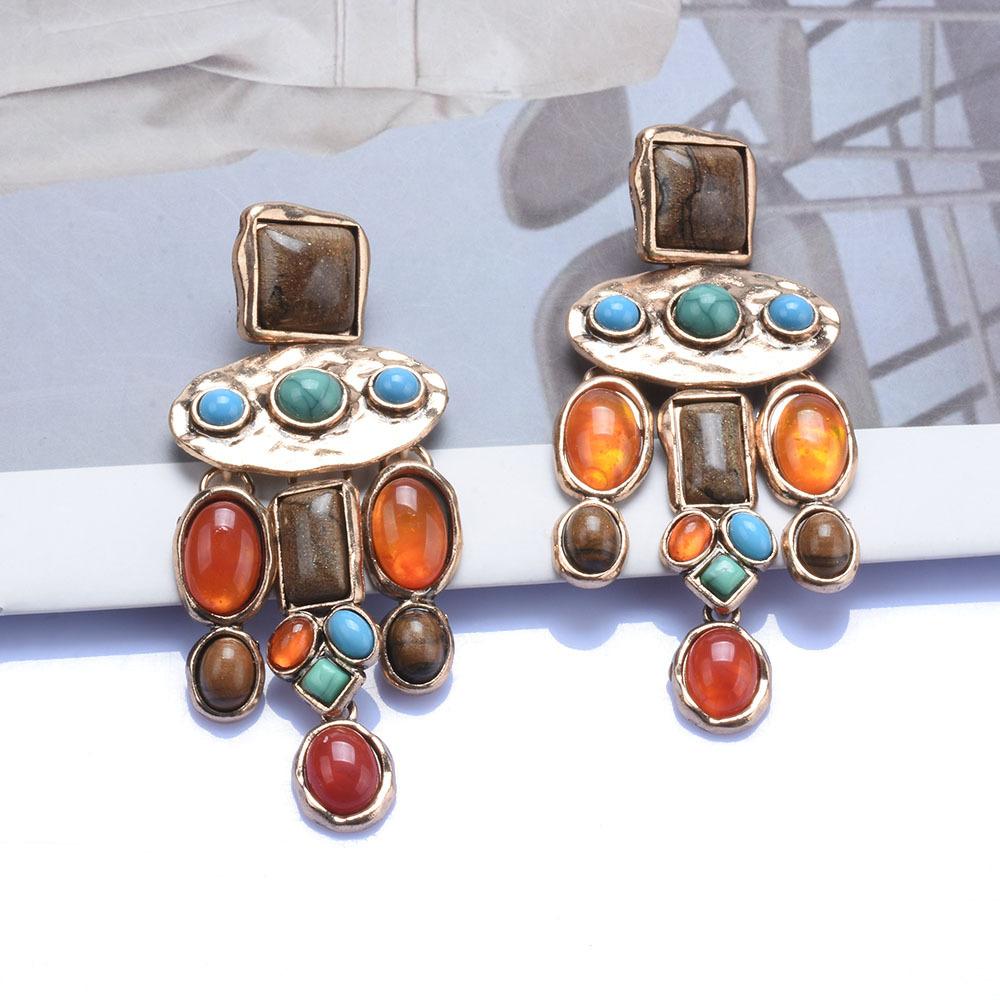 Ethnic Vintage Bohemian Earrings, Metal Inlaid Turquoise Crystal Exaggerated Jewelry For Women