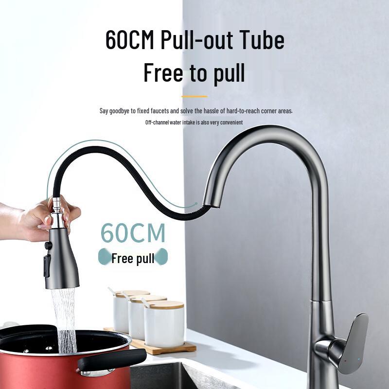 Gunmetal Gray Wall-Mounted Stainless Steel Pull-Out Kitchen Faucet