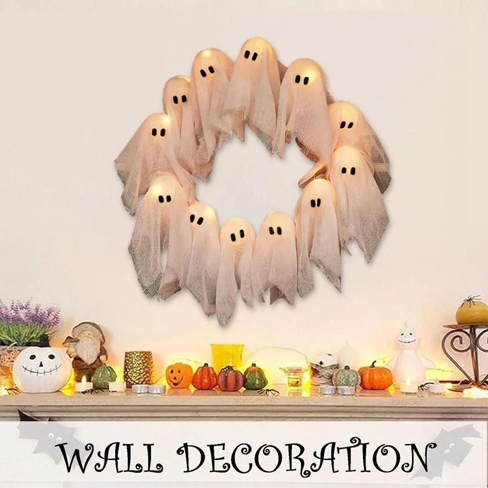 Lustiger 11 LED Lichter Geisterkranz Kreativer 35cm Halloween Kranz Cartoon Wanddeko Gruselige Haustür Hängedeko Hof