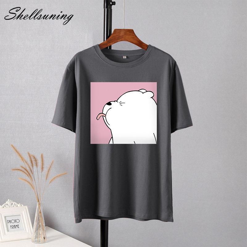 Shellsuning Summer Cute Printed Cotton T Shirt Women Loose Short Sleeve Trend Tees Female Casual Streetwear All-match Basic Tops