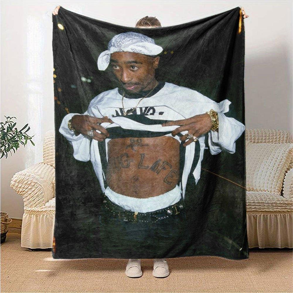 1pc 2PacHip Hop Blanket Soft Lightweight All Season Multi Purpose Throw for Sofa, Bed, Office & Picnics, French Style with Iconic Album Art & Quotes