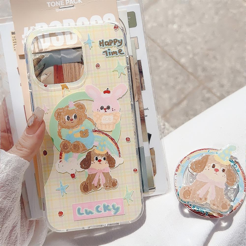 Double Layered Iphone16promax Mobile Phone Case Color Striped Dog 15 Apple 13 Suitable for 14 Magnetic Bracket