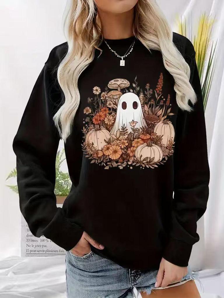 2025 Autumn/Winter Halloween Ghost & Pumpkin Hoodie, Versatile Long Sleeve, Round Neck