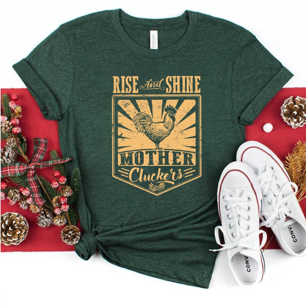 Rise and Shine Mother Cluckers Funny Chicken Lady Shirts Farm Life TShirt Funny Sayings Chicken Lover Tees Women Casual Tops