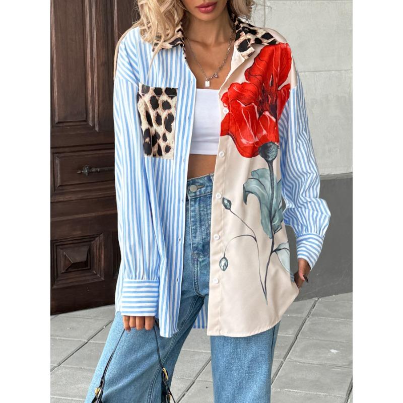 New Women's Autumn Casual Vacation Personalized Trendy Printed Striped Patchwork Shirt