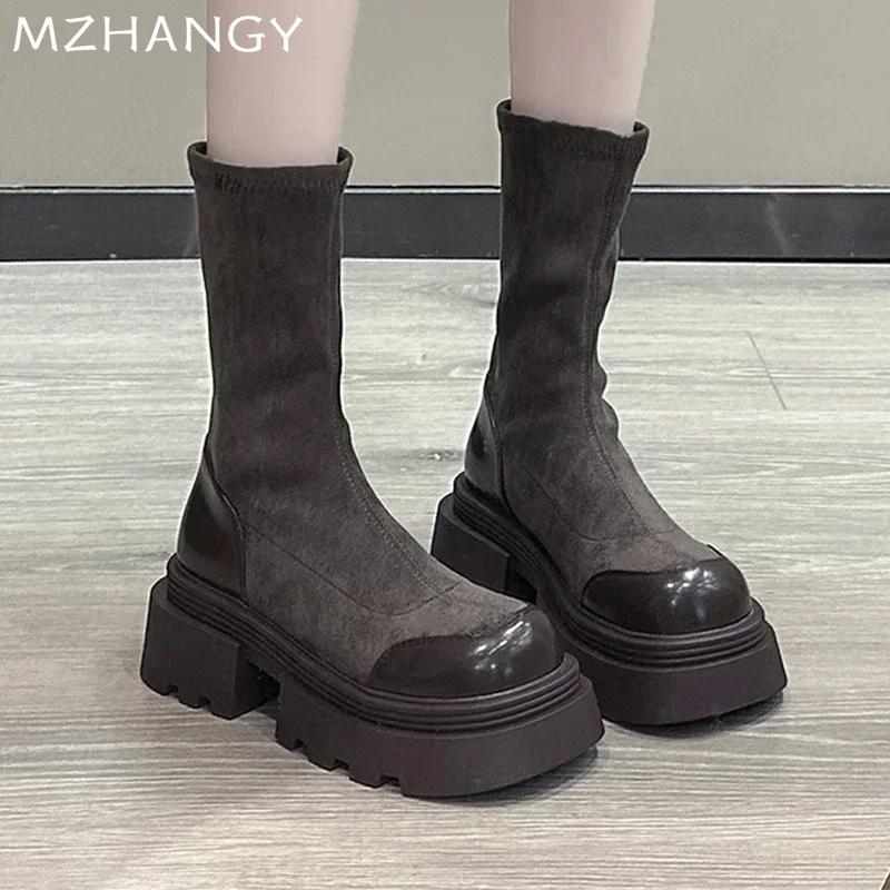 Damen Schnee Plateau Stiefel Wildleder Flats Mid Calf Schuhe 2024 Trend Leder Goth Stiefel Neue Damen Pumps Mode Winter Dame Reißverschluss Schuhe