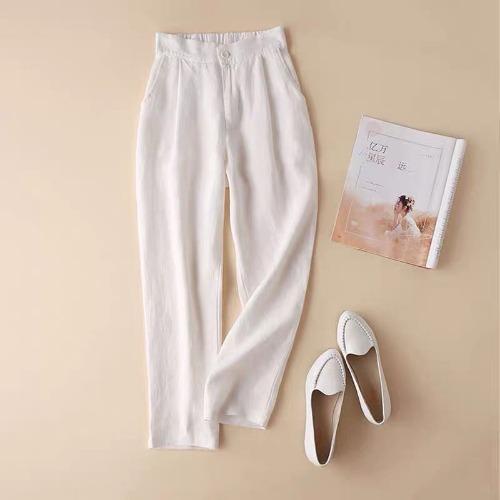 

Летние новые литературные свободные однотонные хлопково-льняные брюки длиной девять точек с эластичной талией, брюки галифе, женские повседневные брюки M белый