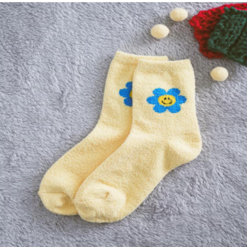 Sunny Petal Comfort: Flower Embroidery Plush Sleep Socks – Vibrant Yellow Edition