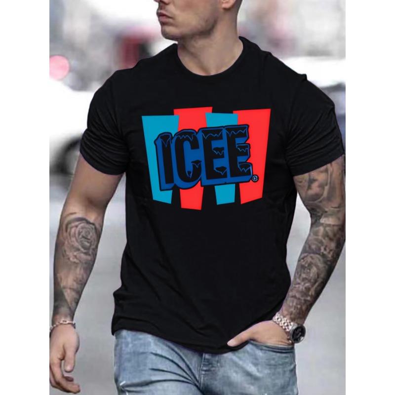 European Size Men' Summer Short Sleeve T-Shirt with Letter '' Print - Casual Round Neck Breathable Top, Regular Fit for Hot Weather, Machine Washable