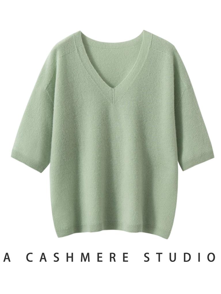 Women's V-Neck Short Sleeve Cropped Cashmere Sweater - Loose Knit Base Layer for Autumn/Winter