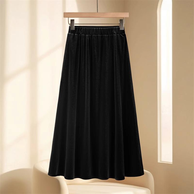 

Spring 2026 Black Velvet Pleated Midi Skirt with Elastic Waist XL чёрный