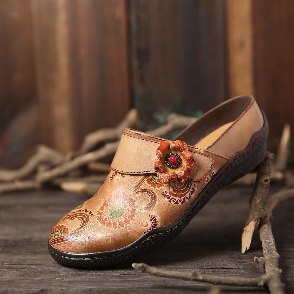women retro leather painted embossed floral soft footbed orthopedic shoes
