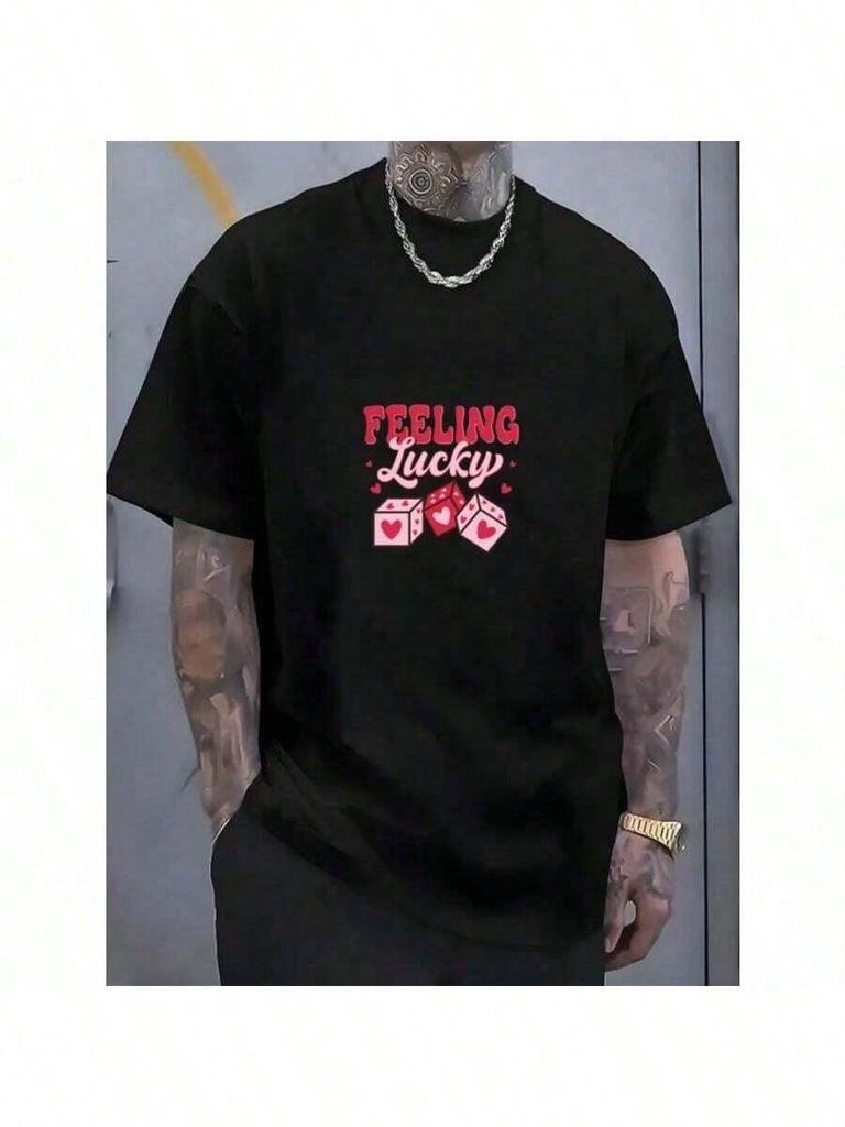 Unisex's Summer Casual Loose Fit Round Neck T-Shirt With Unique 'Feeling Lucky' Dice Print Design